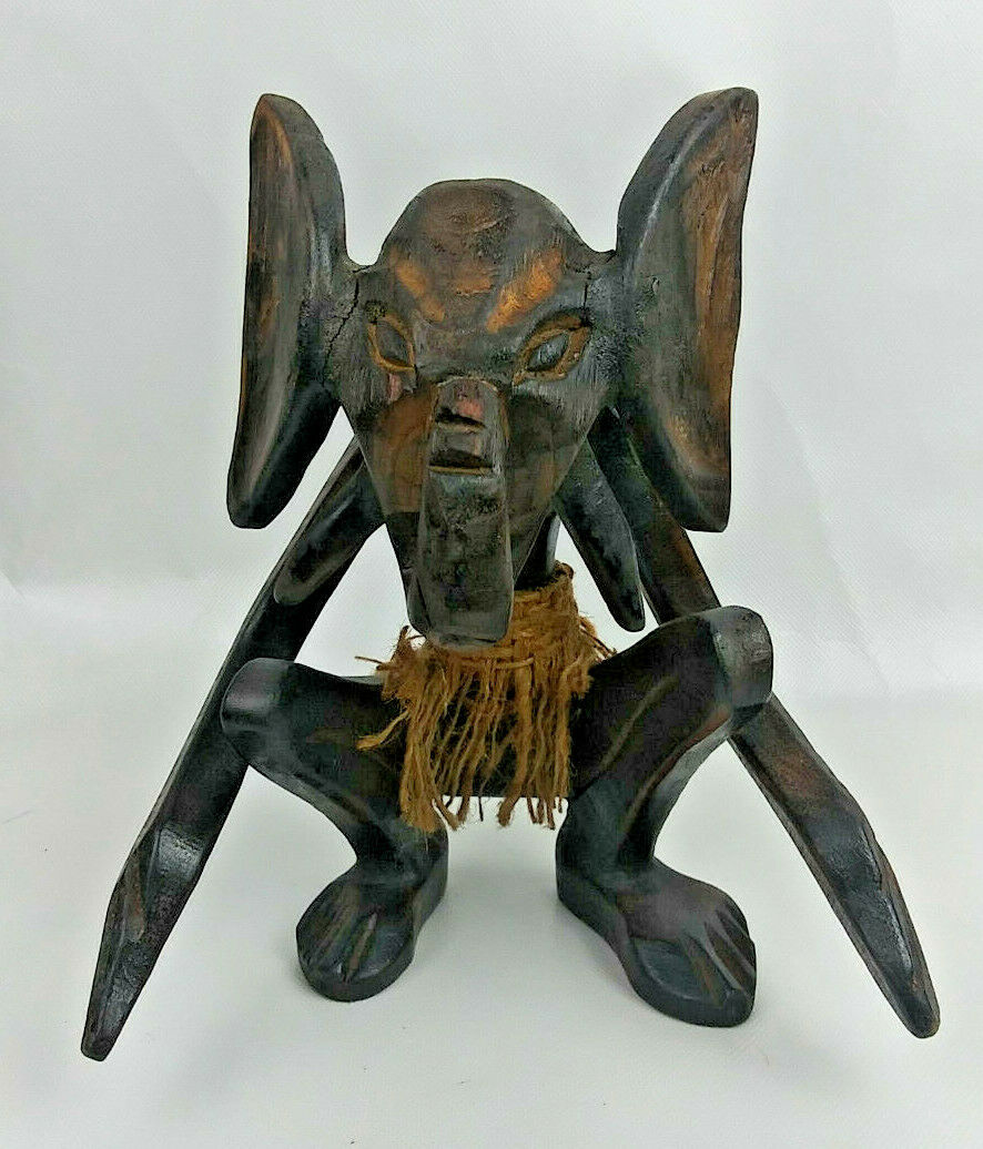 Elephant Man Vintage African Wood Carving 8 1/2" Tribal Art